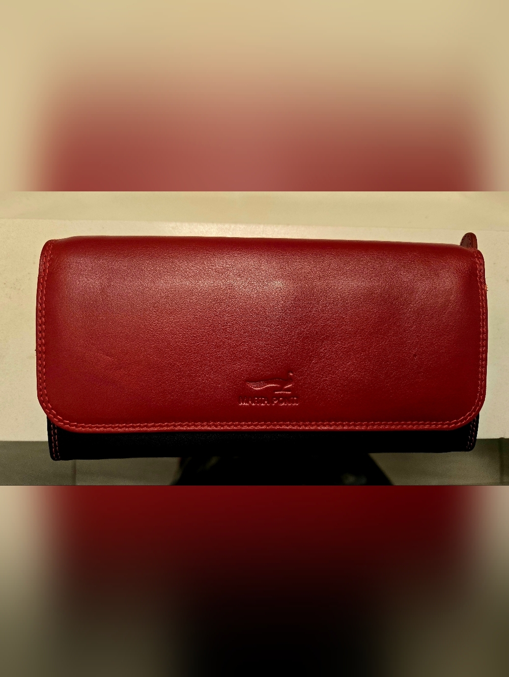 Marta Ponti Genuine Leather Red Black & Gray Bifold Clutch Wallet
